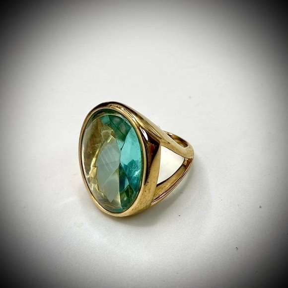 MONET signed RARE Blue Topaz Faceted Glass Gold Plated Statement Ring size 7 - Picture 9 of 15